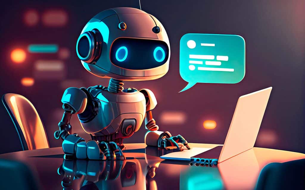 Futuristic AI robot interacting with a laptop in a digital workspace