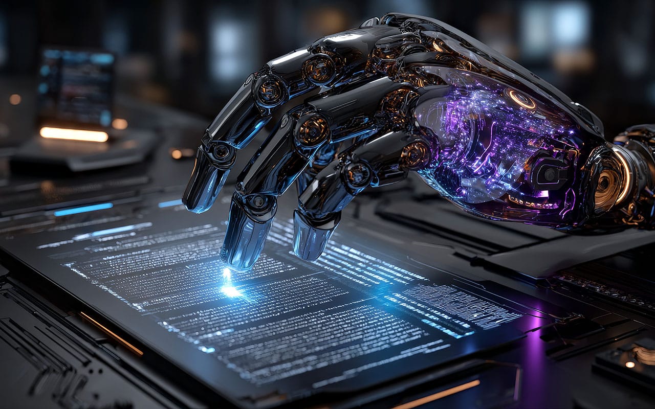 Robotic hand interacting with digital interface, showcasing advanced technology