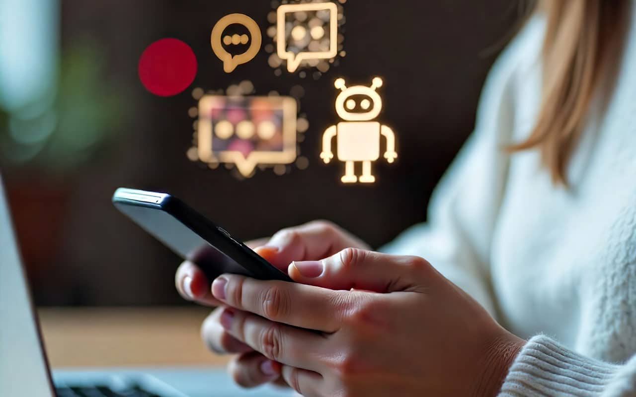 Person using smartphone with AI chatbot icons