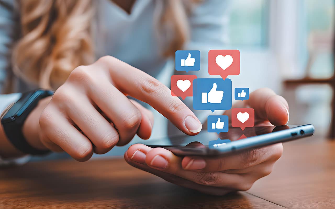 Close-up of hands interacting with social media icons on a smartphone