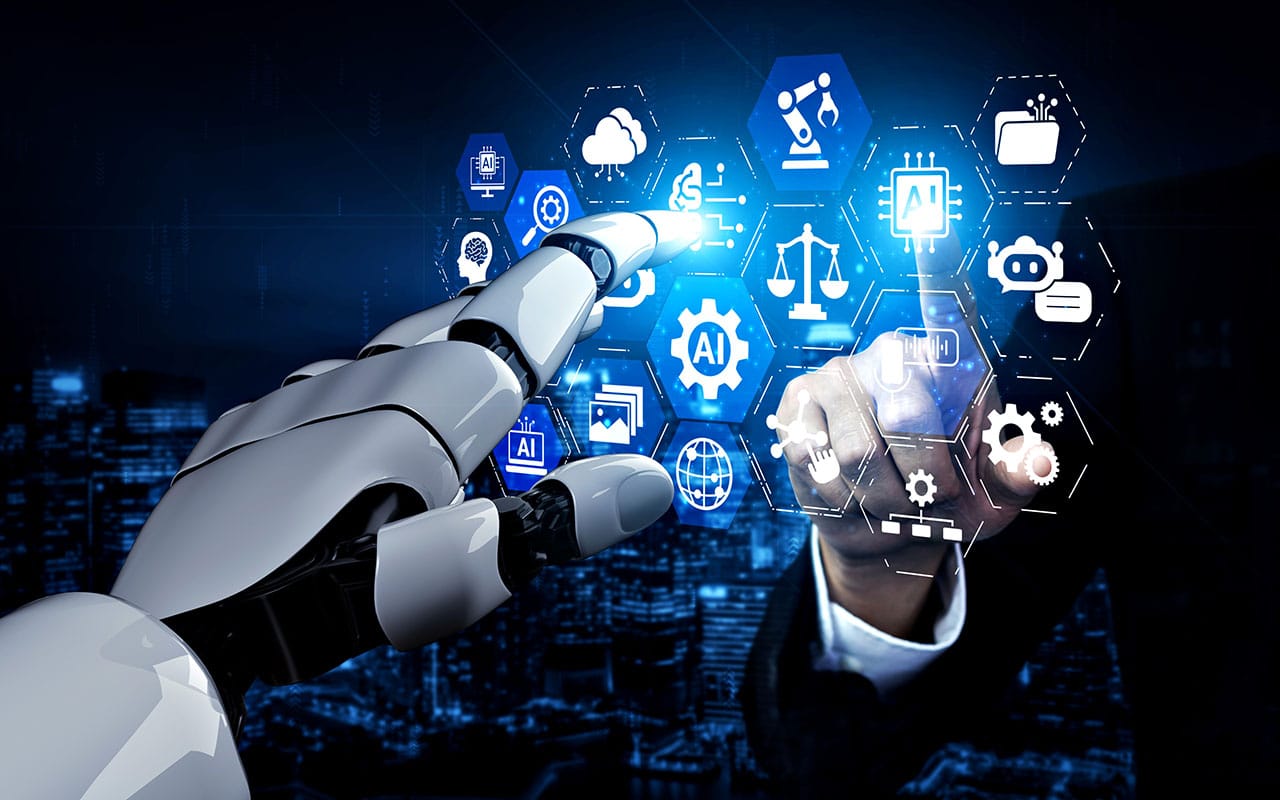 Robot and human interacting with virtual AI icons on digital interface
