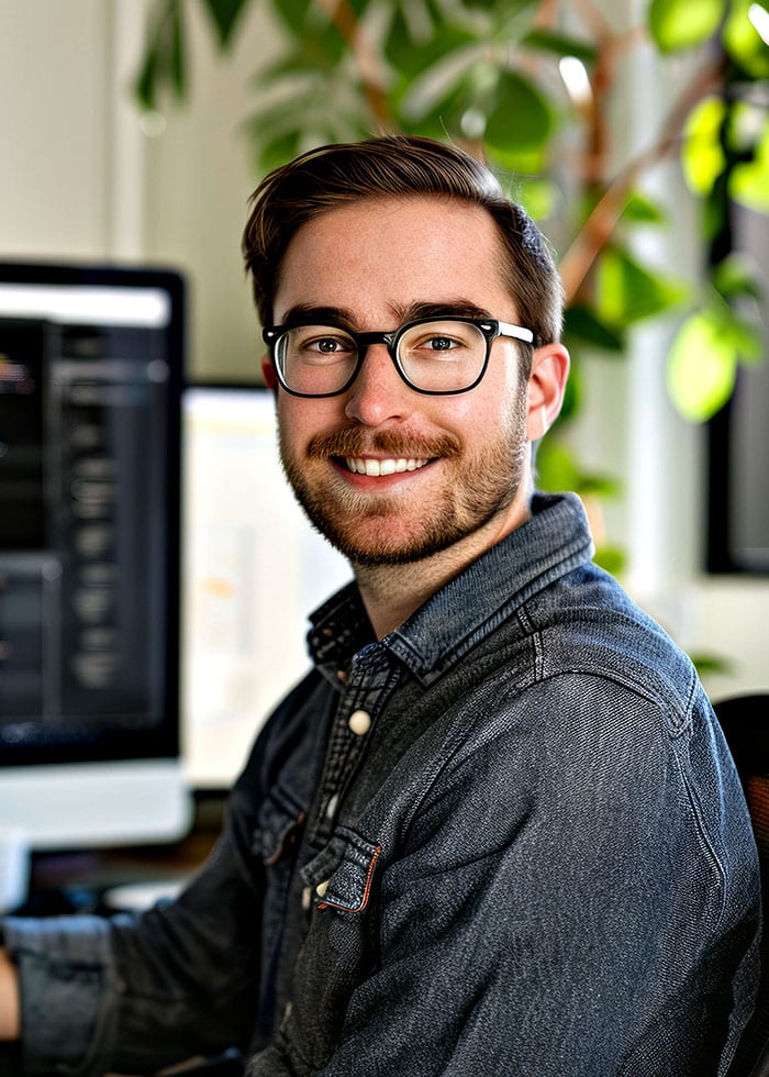 Smiling man with glasses working on computer in modern office