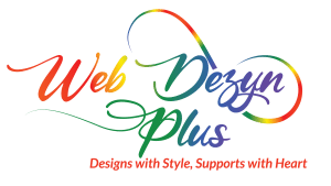 Web Dezyn Plus colourful logo with slogan in elegant font