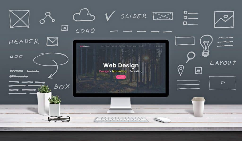 Web design concept with a desktop in front of a chalkboard background