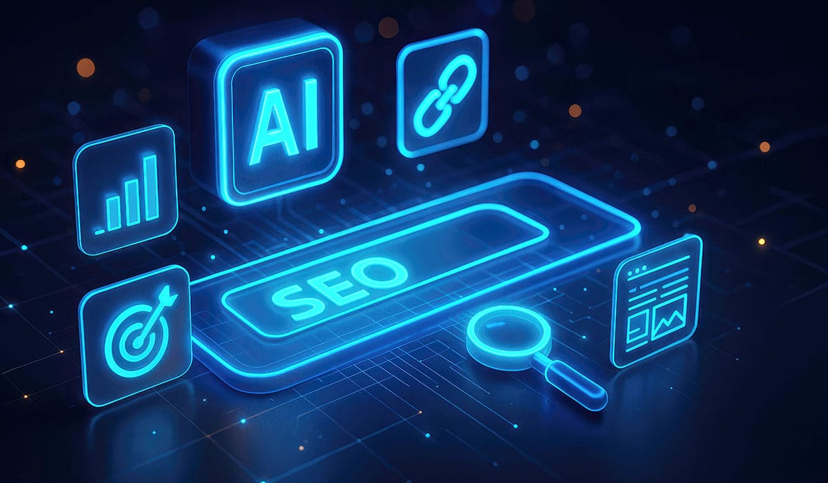 Futuristic AI and SEO digital interface concept