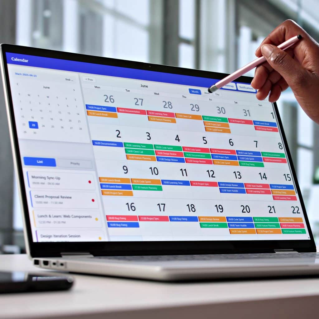 Person using stylus on digital calendar displayed on laptop
