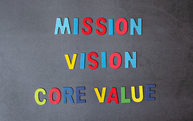 Mission, vision, core value text on grey background