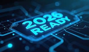 Digital display with 2026 Ready in blue neon with tech background