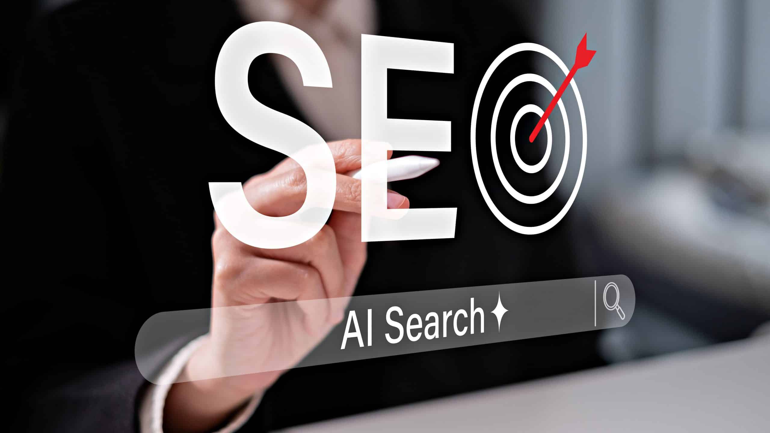 Person interacting with virtual SEO and AI search interface