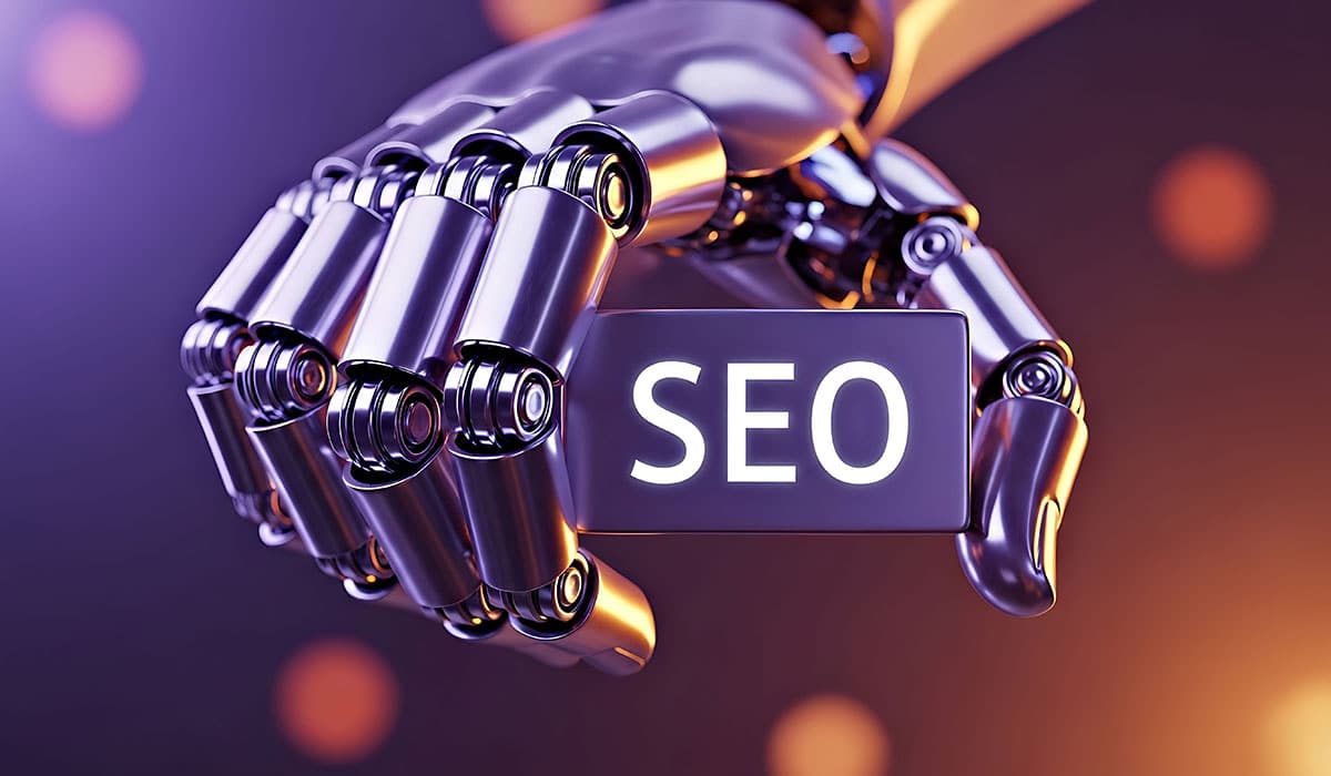 Metal robotic hand holding an SEO sign