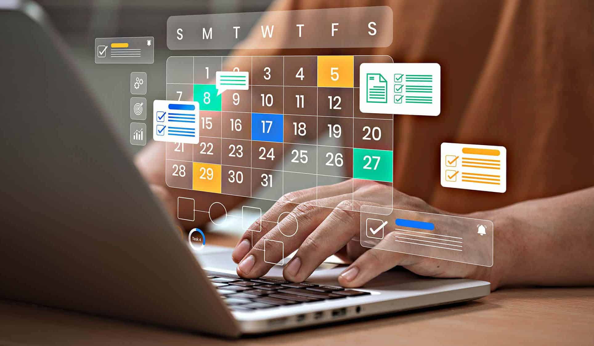 Person using laptop with digital calendar overlay