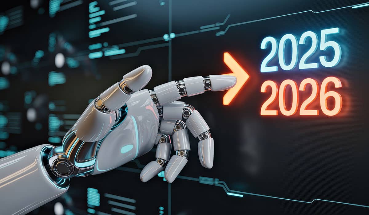 Robotic hand pointing at futuristic digital timeline 2025 to 2026
