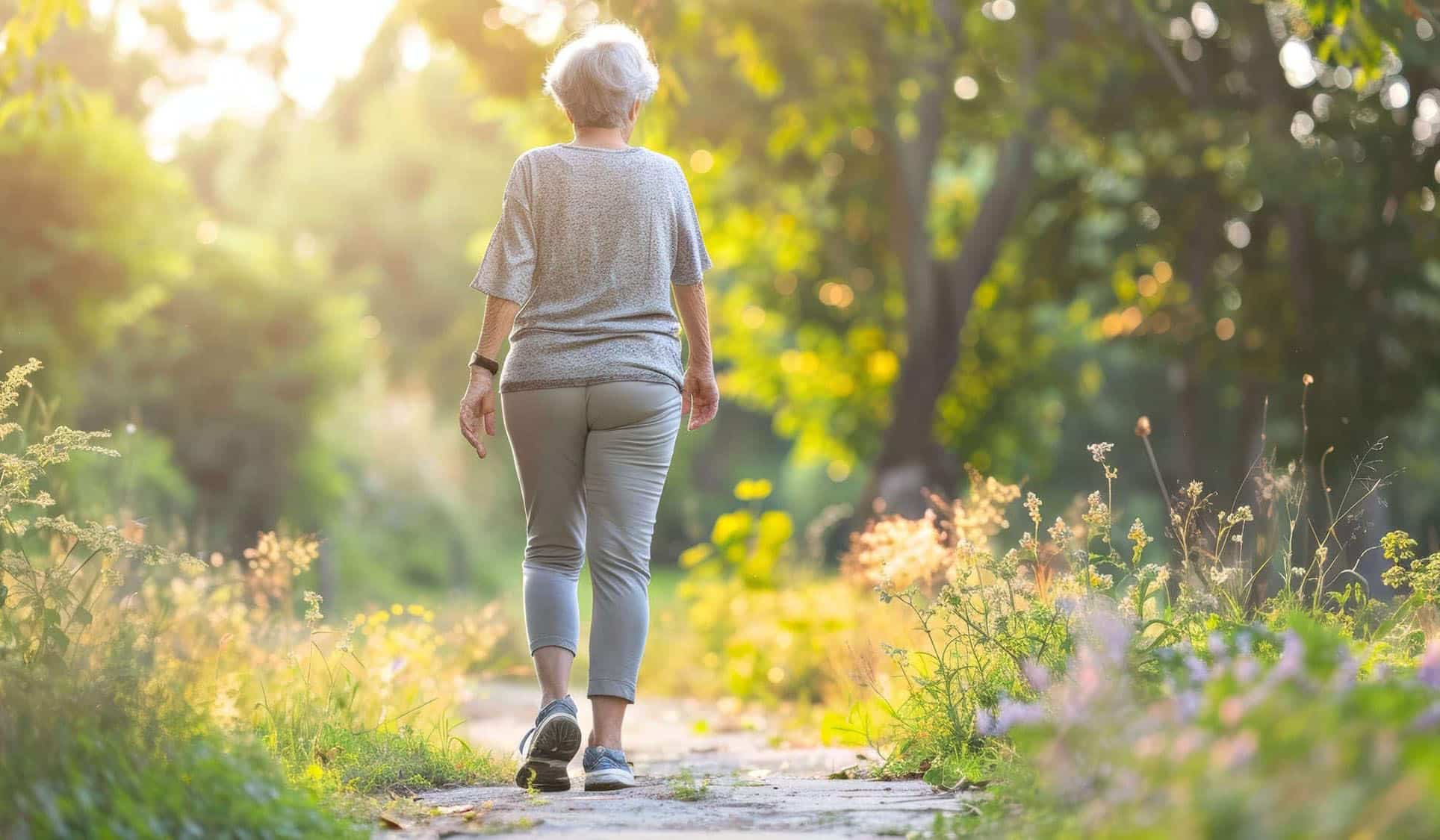 Elderly woman walking on nature trail in sunlight