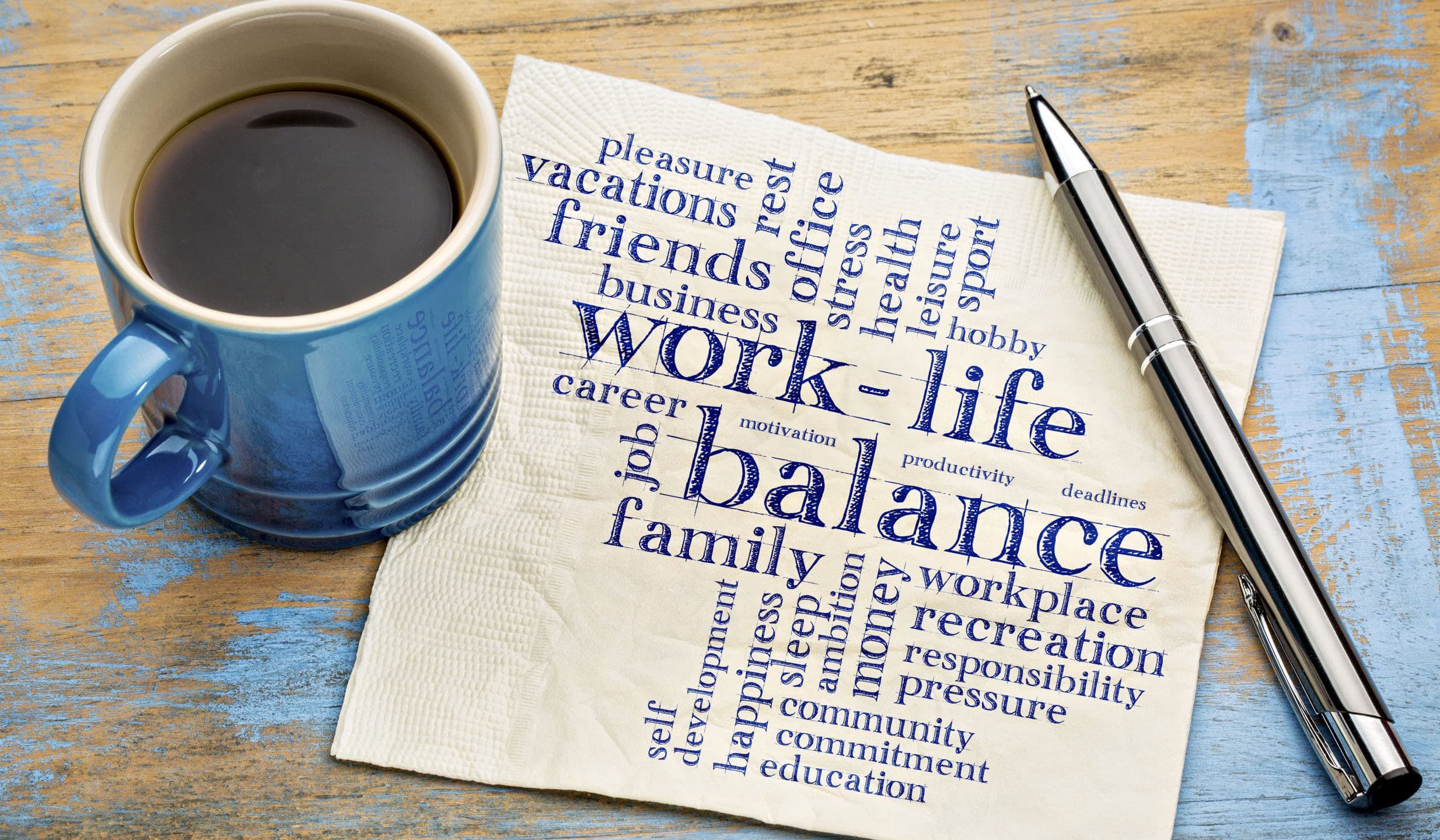 Work-life balance concept with word cloud on napkin and coffee