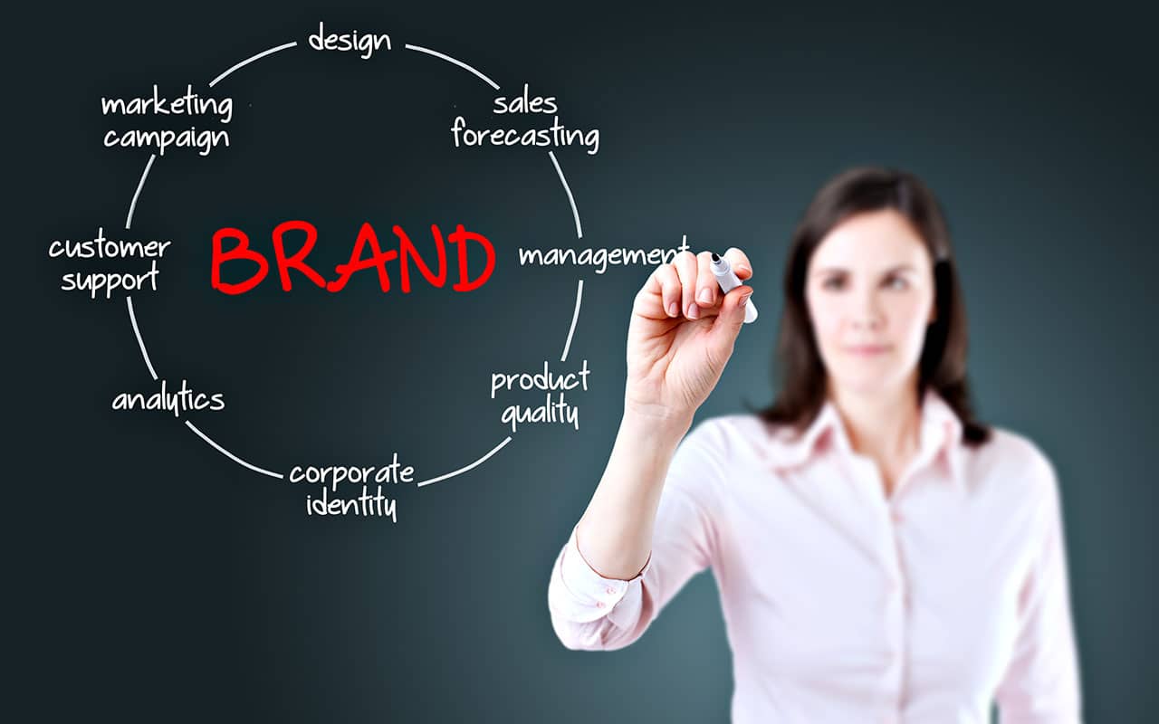 Businesswoman illustrating brand management concepts on transparent screen