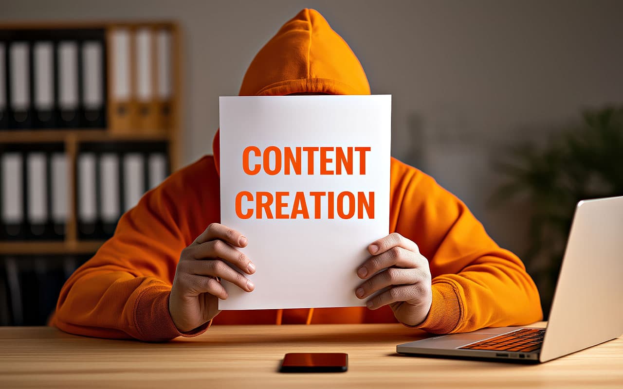 Person in hoodie holding 'Content Creation' sign at desk