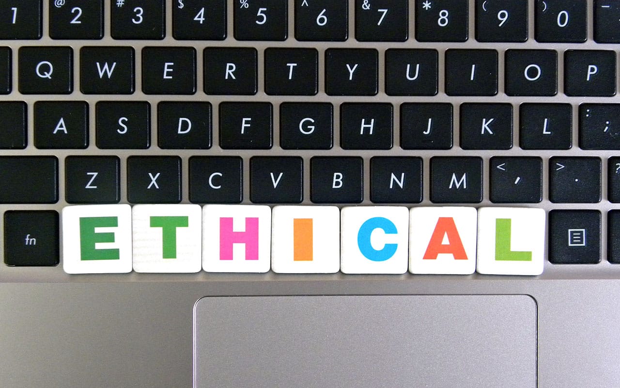 Colourful letters spelling 'ETHICAL' on a computer keyboard