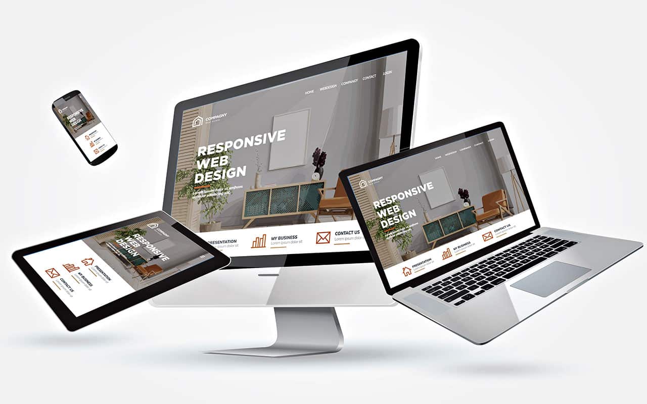 Responsive web design on multiple devices: laptop, desktop, tablet, smartphone