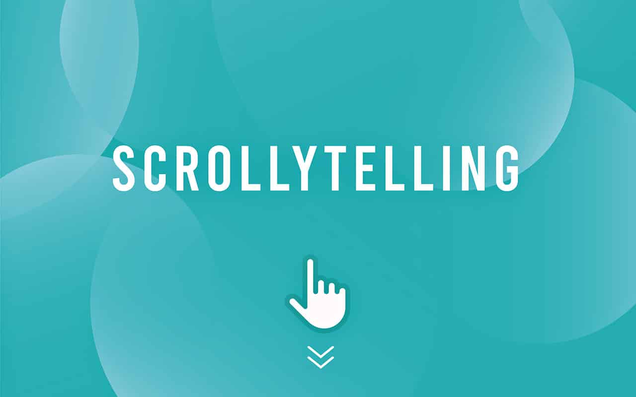 Scrollytelling concept on a gradient teal background with cursor graphic