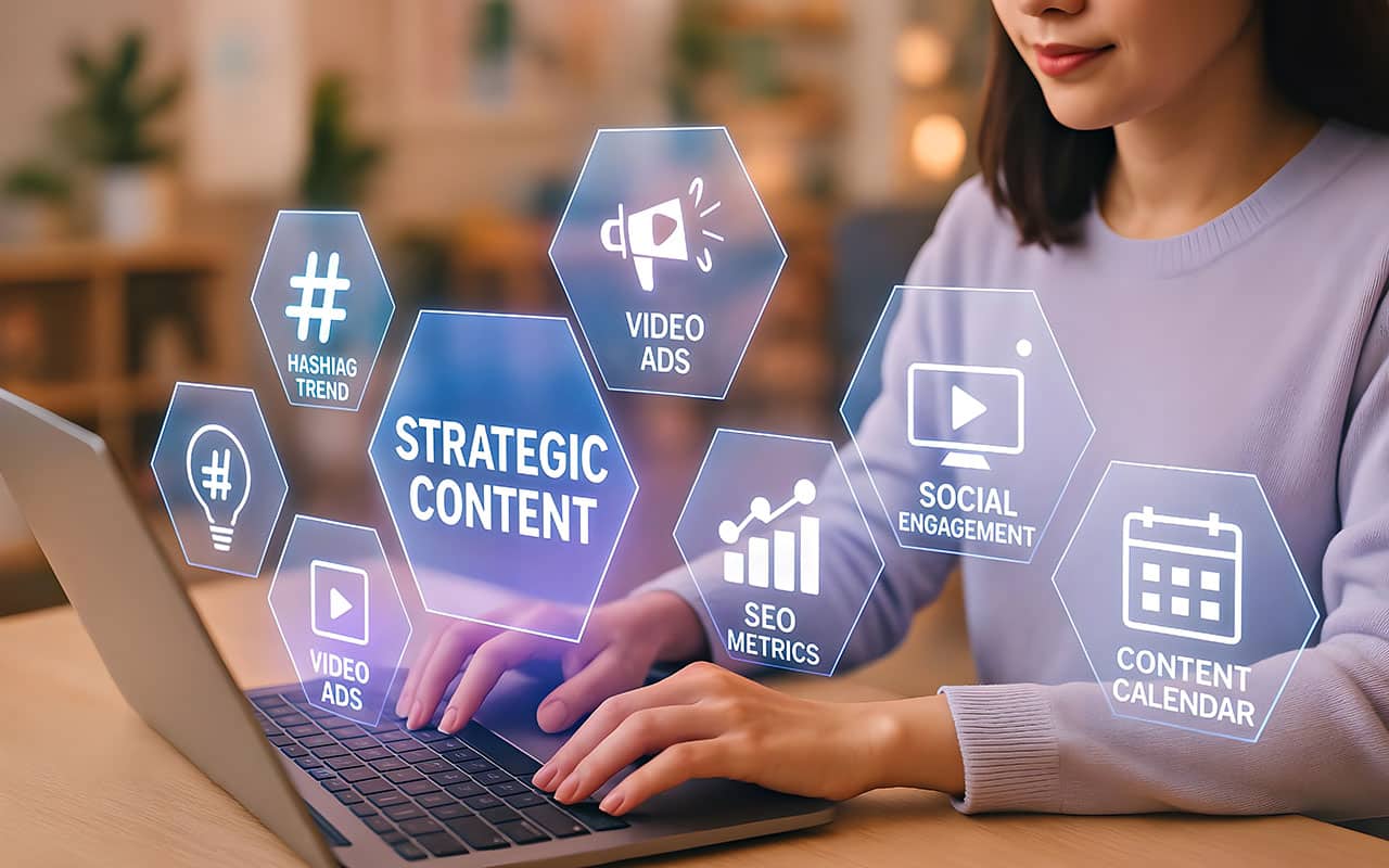 Woman planning digital strategy with holographic icons for content and video ads