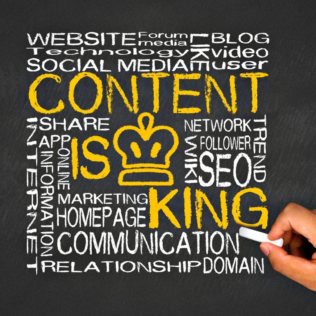 Content is King concept with SEO, social media, and communication terms