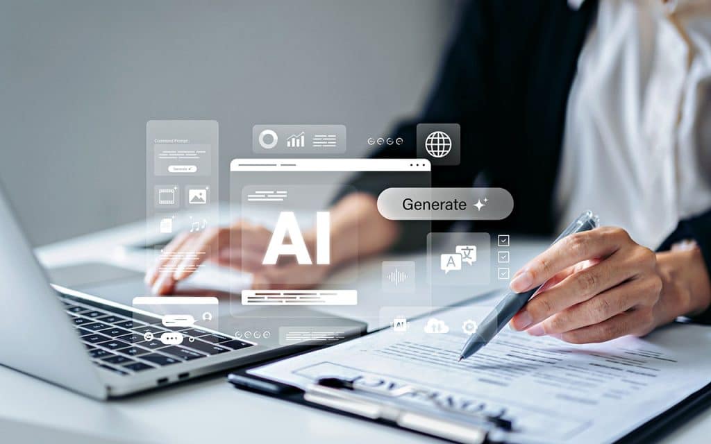Person using AI technology with laptop and digital icons