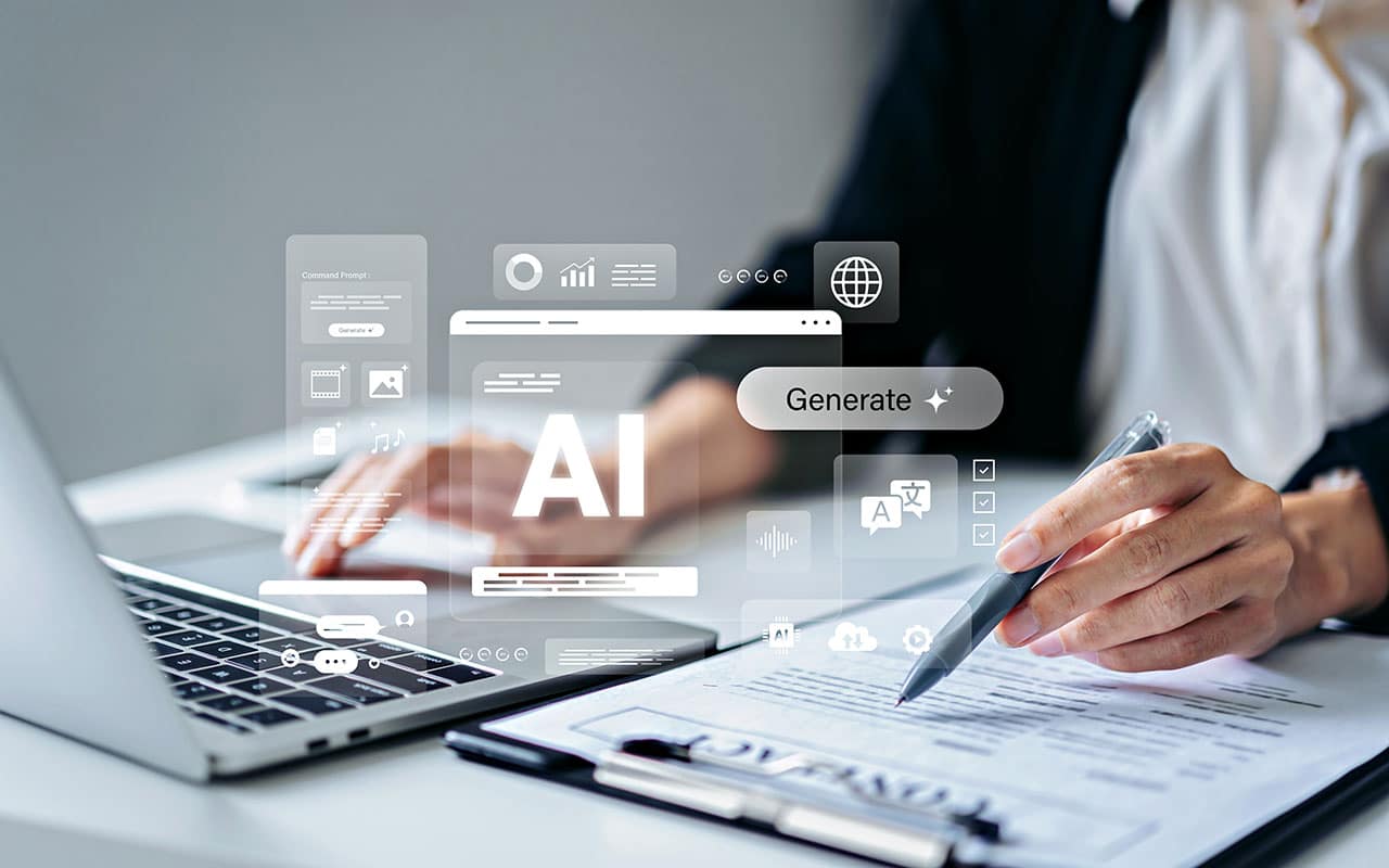 Person using AI technology with laptop and digital icons