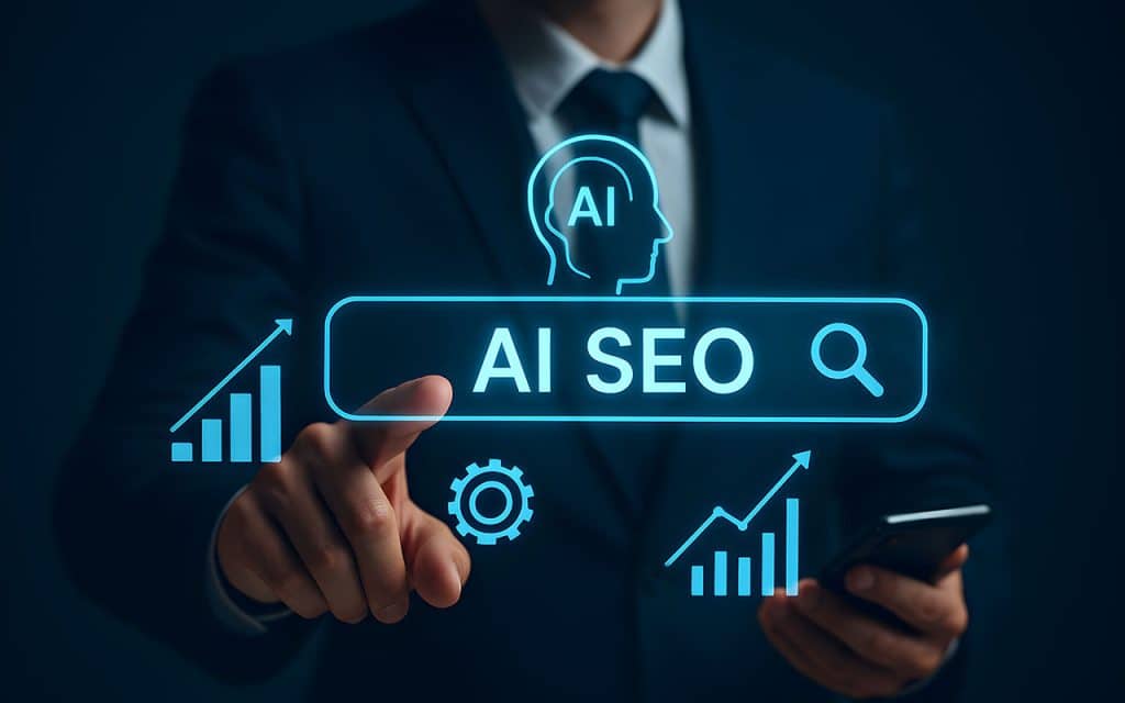 Businessman integrating AI SEO strategies for digital marketing growth
