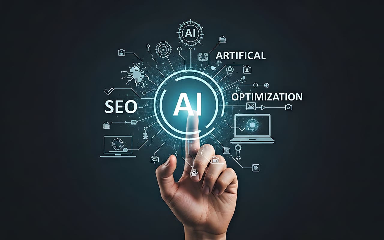 AI in SEO optimization concept with digital graphics