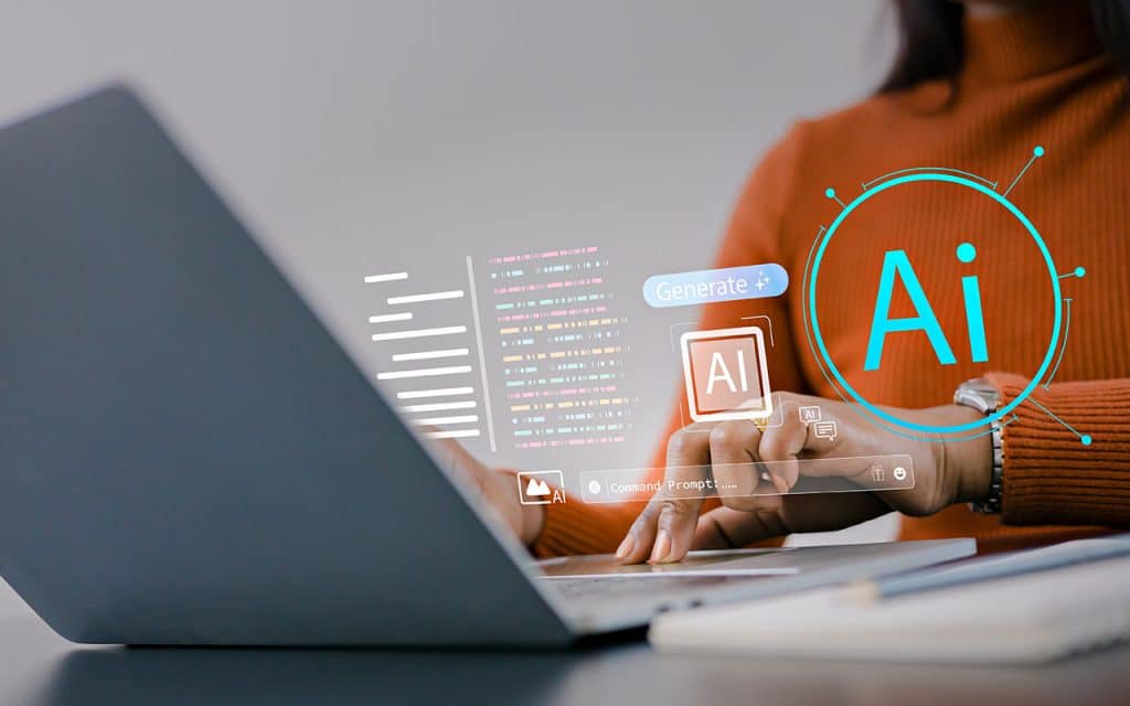 Woman using AI tools on laptop in modern workspace