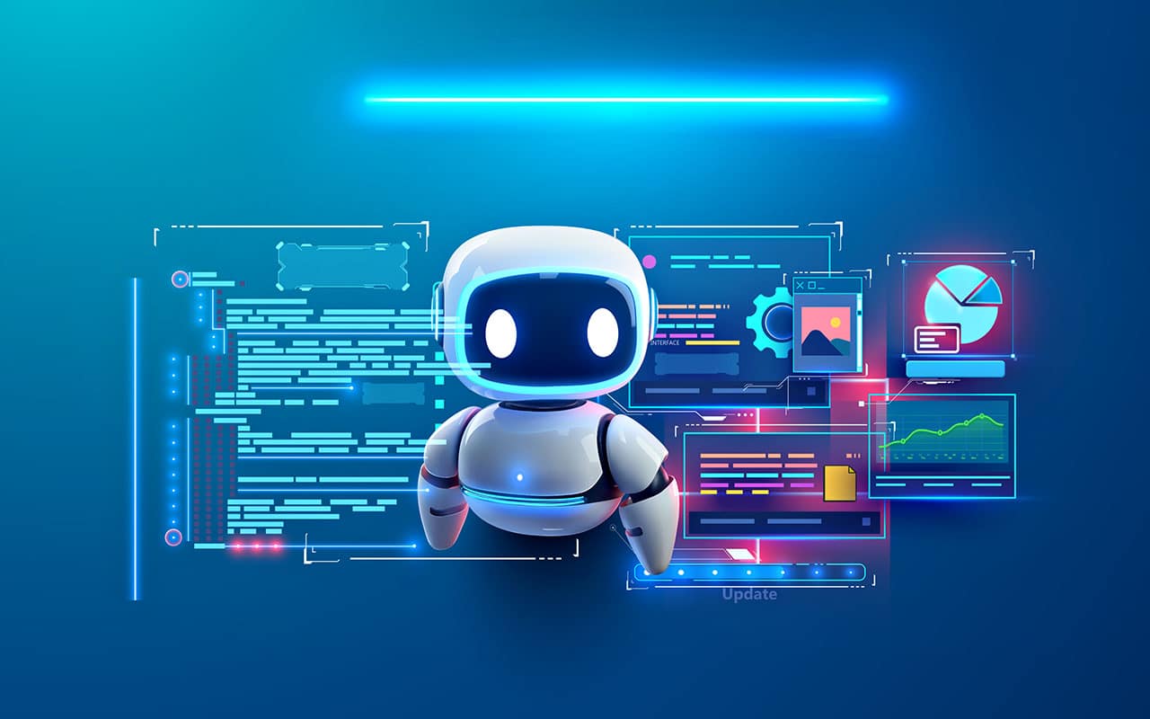 AI robot interacting with digital interface and data charts