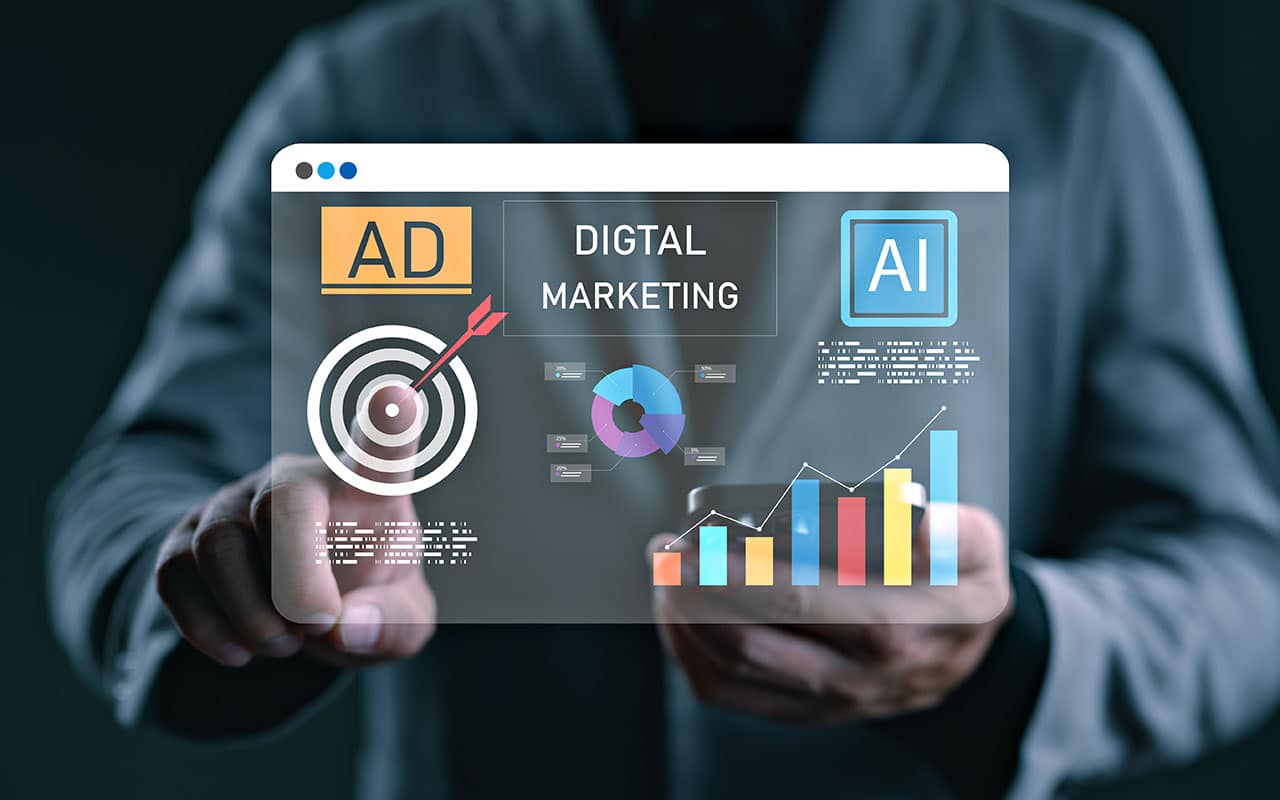 Digital marketing concept with interactive AI and ad graphics