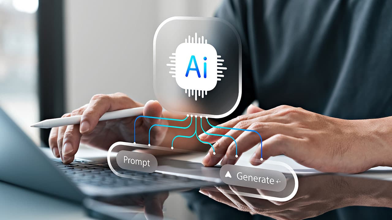 Person using AI software on laptop with digital interface