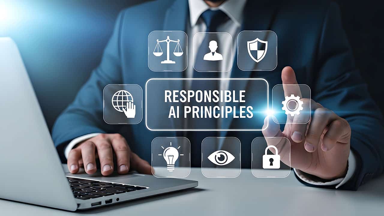 Professional pointing at responsible AI principles touchscreen icons with a laptop