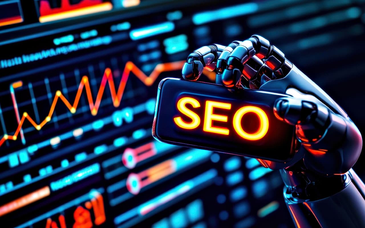 AI robot holding SEO sign with digital analytics graph in background