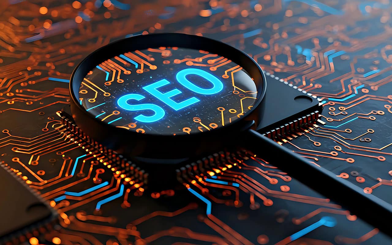 SEO concept with magnifying glass over circuit board