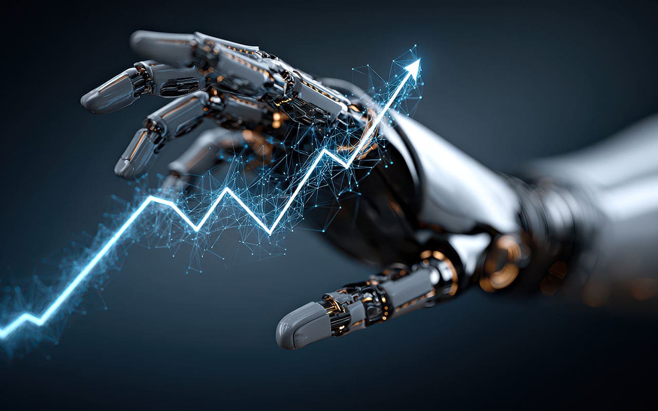 Robotic hand interacting with digital financial graph