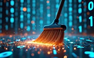 Digital broom sweeping data, symbolizing cybersecurity and data cleaning
