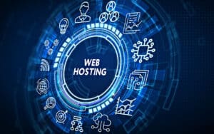 Web hosting concept with digital icons on a futuristic blue background
