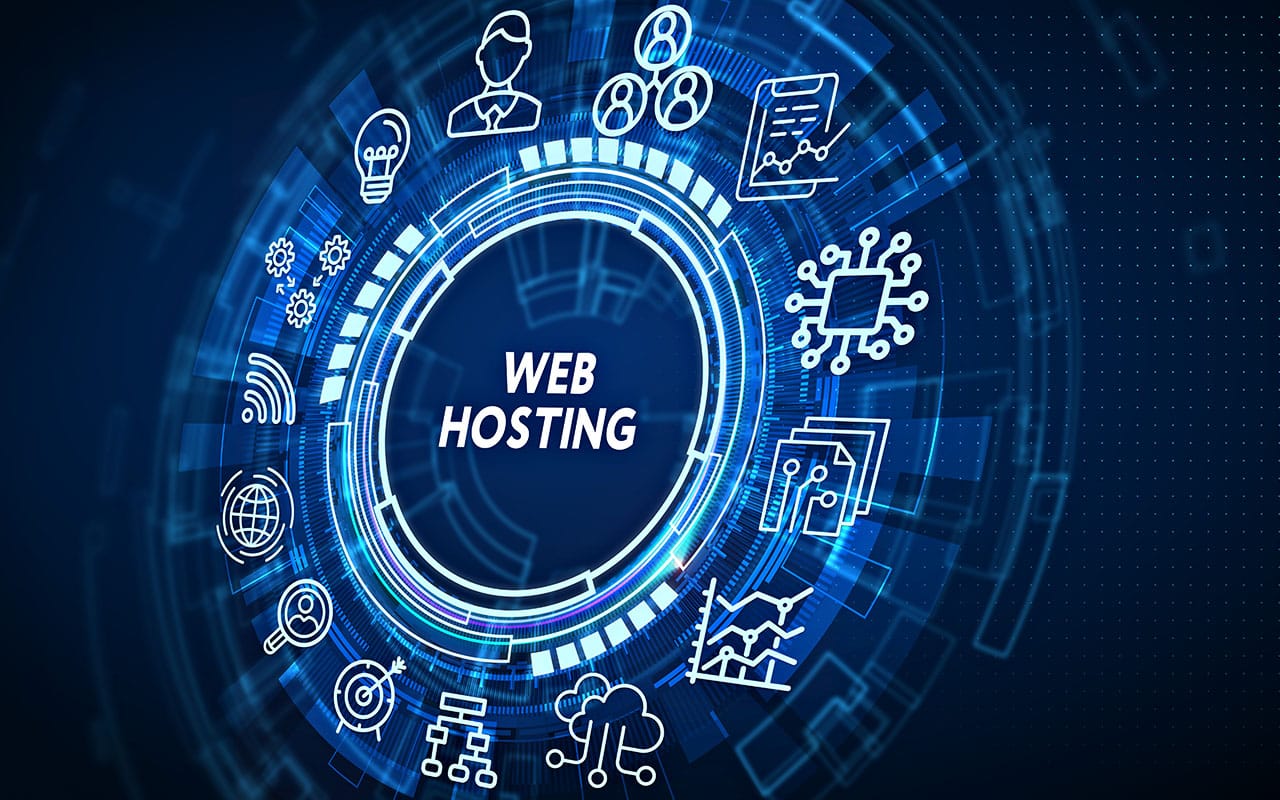 Web hosting concept with digital icons on a futuristic blue background