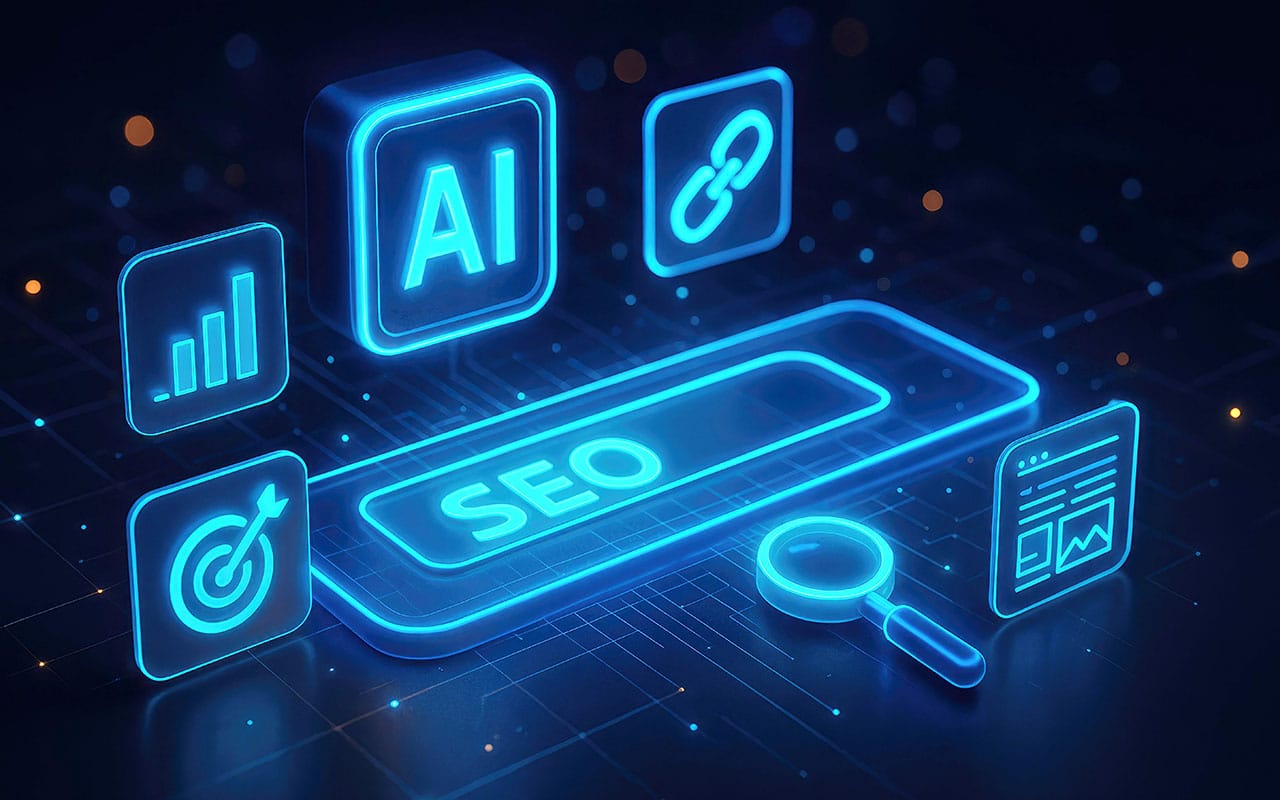AI and SEO technology concept with digital icons