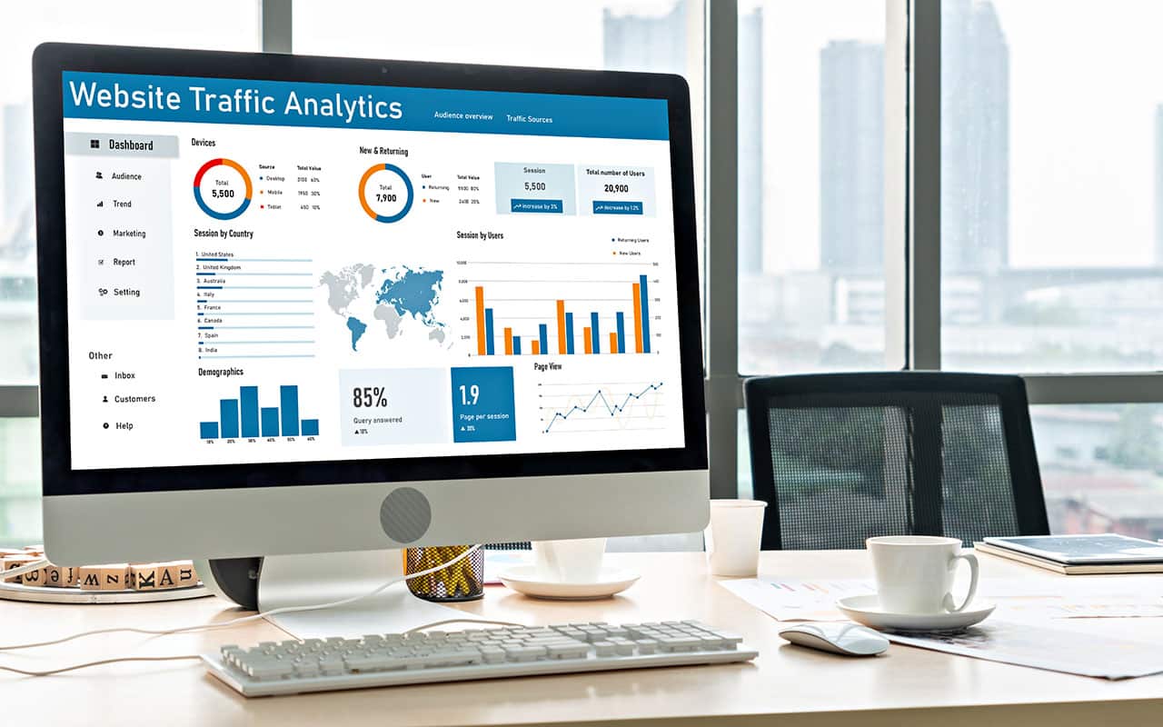 Website traffic analytics on computer screen in modern office setting