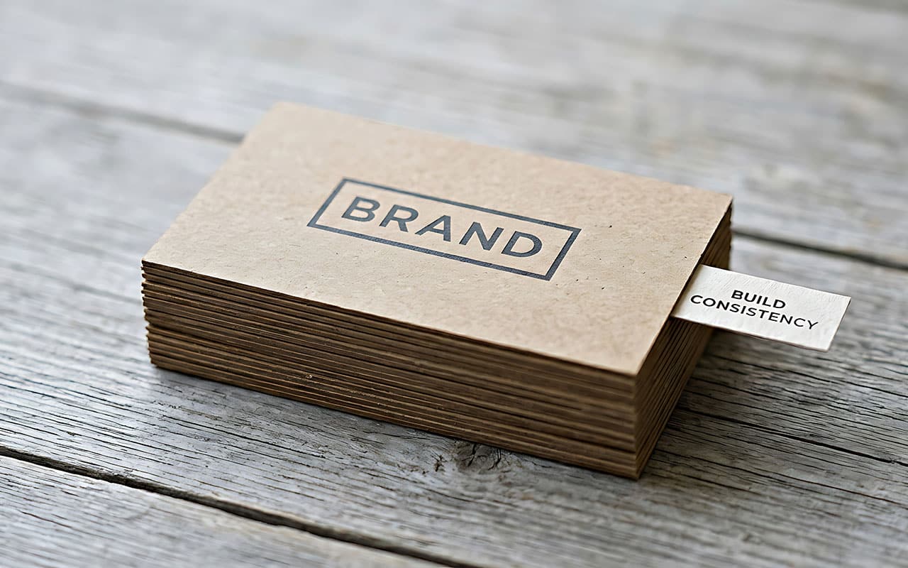Stack of business cards on wooden table, one card reads 'Build Consistency'