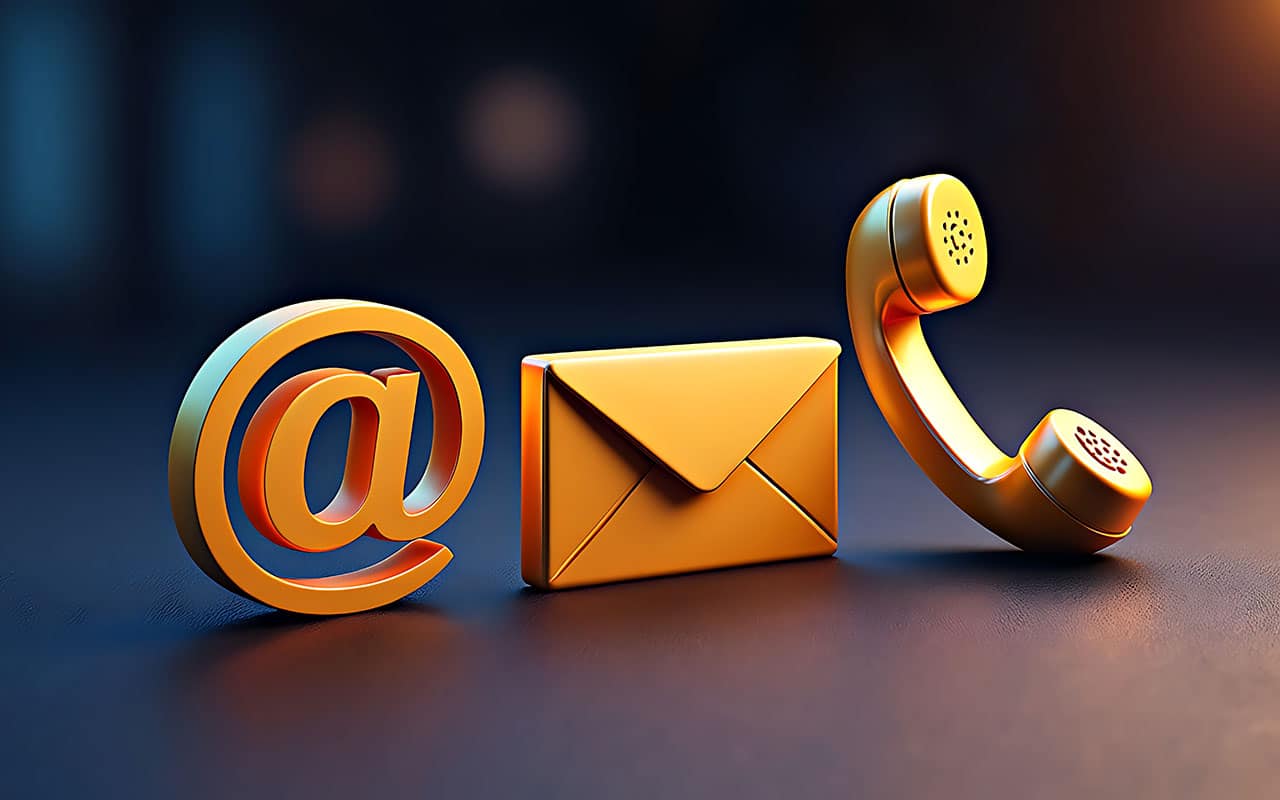 Contact us symbols: email, phone, and at sign in gold