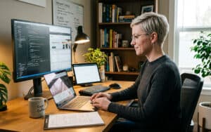 Software developer working on code at a desk with dual monitors