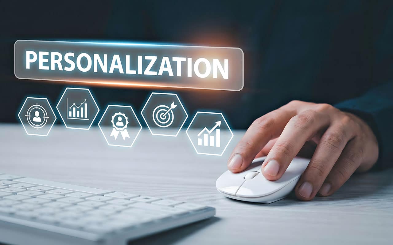 Hand using computer with personalization and data analytics graphics