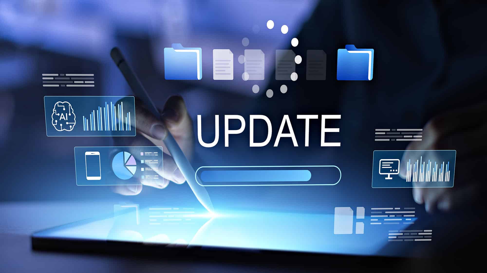 Digital screen displaying update with bar graphs and file icons