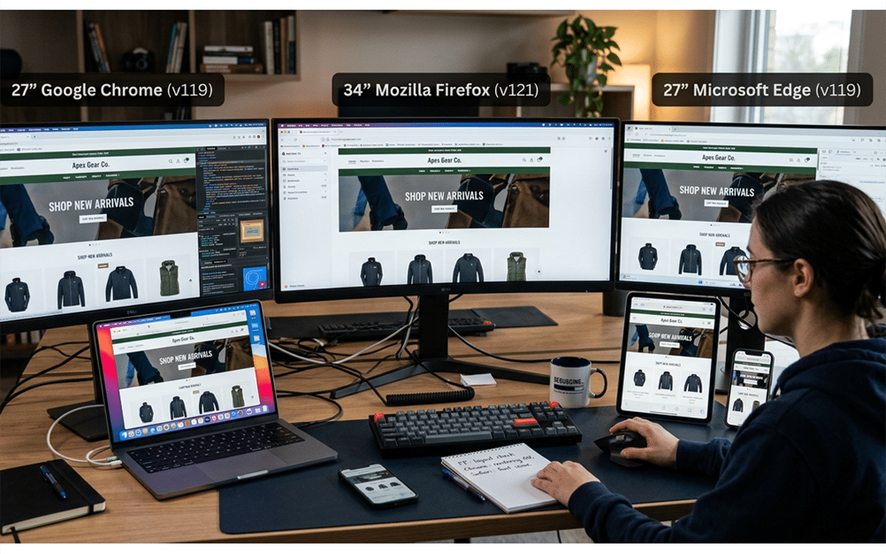 Programmer tests websites on multiple browsers and devices in a home office setting