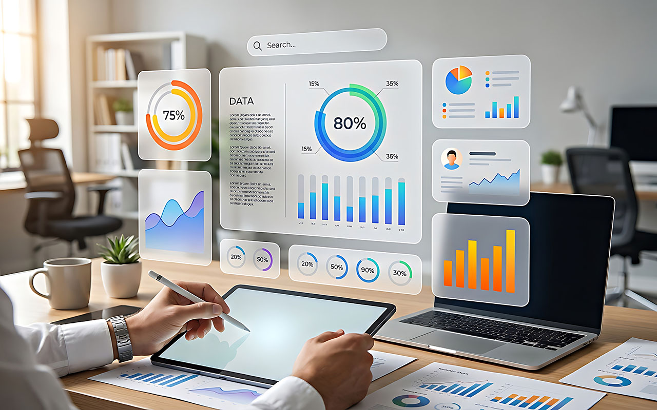 Business professional analyzing digital data on a modern tablet in an office environment