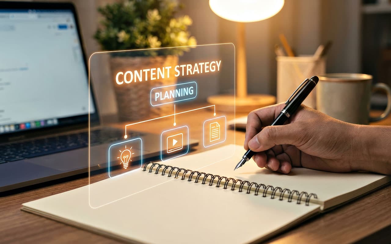 Person planning content strategy with digital tools and notes